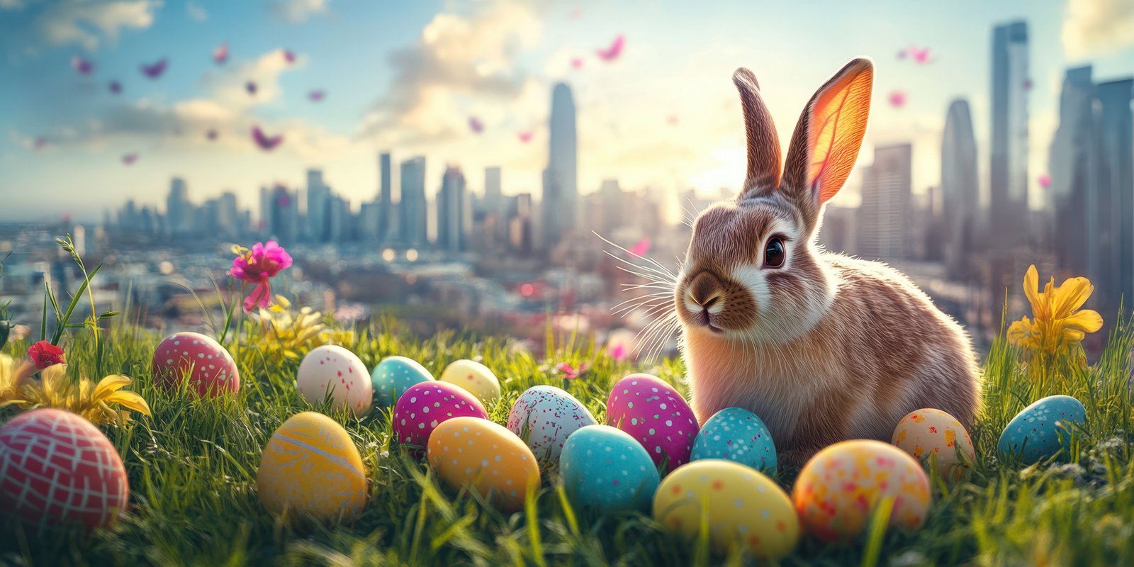 Easter bunny surrounded by colorful eggs in a vibrant city landscape during a bright spring day